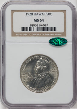 1928 50C Hawaiian CAC Commemorative Silver NGC MS64