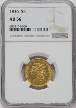 1836 $5 Classic Half Eagle NGC AU58