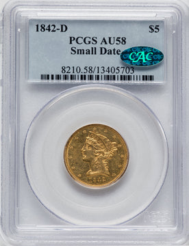 1842-D $5 Small Date CAC Liberty Half Eagle PCGS AU58