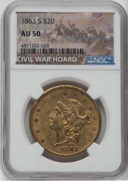 1863-S $20 Liberty Double Eagle NGC AU50