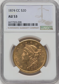 1874-CC $20 Liberty Double Eagle NGC AU53