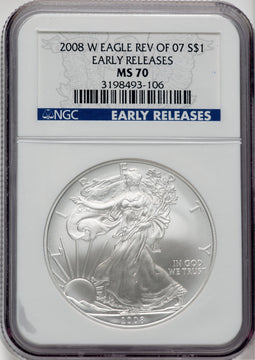 2008-W S$1 Silver Eagle Reverse of 2007 Burnished First Strike NGC MS70