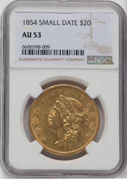1854 $20 Small Date Liberty Double Eagle NGC AU53