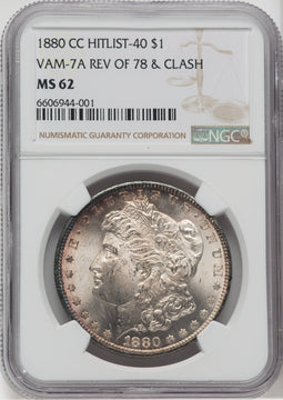 1880-CC $1 VAM 7 8/7 Rev of 78 Morgan Dollar NGC MS62