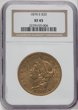 1874-S $20 Liberty Double Eagle NGC XF45