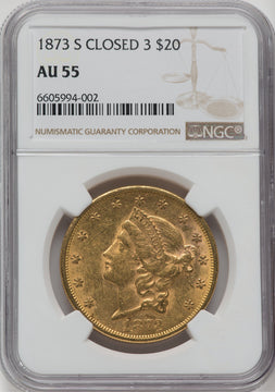 1873-S $20 Closed 3 Liberty Double Eagle NGC AU55