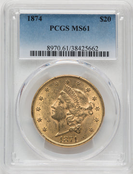 1874 $20 Liberty Double Eagle PCGS MS61