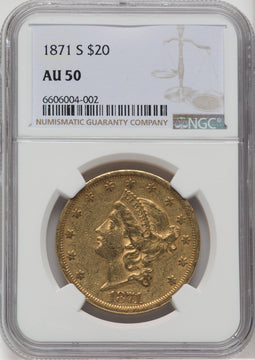 1871-S $20 Liberty Double Eagle NGC AU50