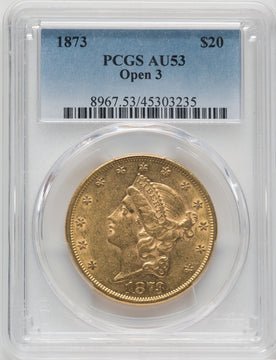 1873 $20 OPEN 3 Liberty Double Eagle PCGS AU53