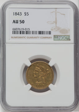 1843 $5 Liberty Half Eagle NGC AU50