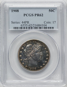 1908 50C Proof Barber Half Dollar PCGS PR62