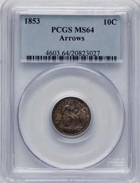 1853 10C Arrows Seated Dime PCGS MS64