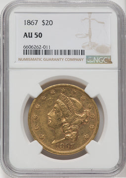 1867 $20 Liberty Double Eagle NGC AU50