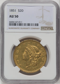 1851 $20 Liberty Double Eagle NGC AU50