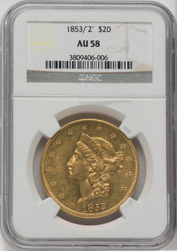1853/2 $20 Liberty Double Eagle NGC AU58