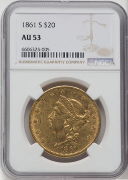 1861-S $20 Liberty Double Eagle NGC AU53
