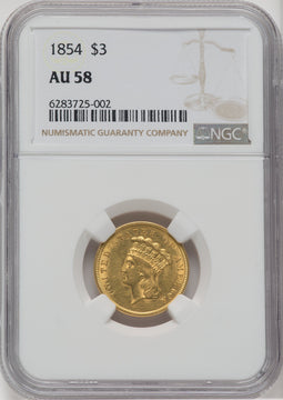 1854 $3 Three Dollar Gold Pieces NGC AU58