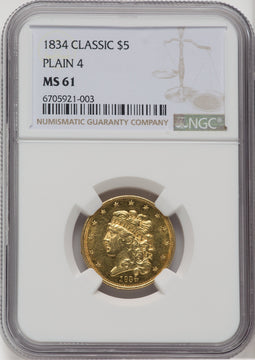 1834 $5 PLAIN 4 Classic Half Eagle NGC MS61