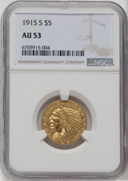 1915-S $5 Indian Half Eagle NGC AU53