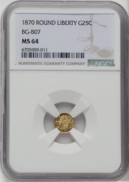 1870 Liberty Round 25 Cents BG-807 Low R.7 California Fractional Gold NGC MS64