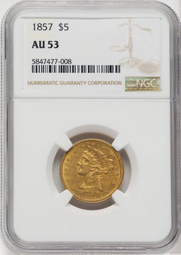 1857 $5 Liberty Half Eagle NGC AU53