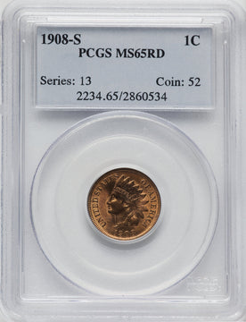 1908-S 1C RD Indian Cent PCGS MS65