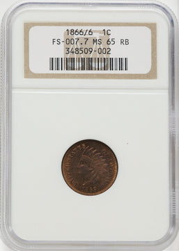 1866 1C Repunched Date FS-301 S-2 RB Indian Cent NGC MS65