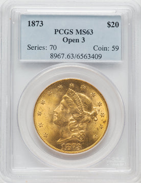 1873 $20 OPEN 3 Liberty Double Eagle PCGS MS63