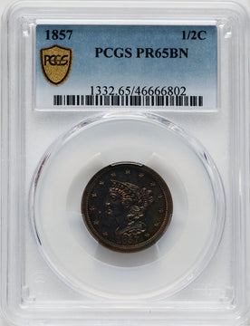 1857 1/2 C BN Proof Half Cent PCGS PR65