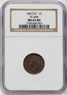 1867/67 1C RPD FS-301 S-1 BN Indian Cent NGC MS62