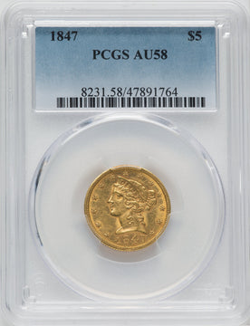 1847 $5 Liberty Half Eagle PCGS AU58