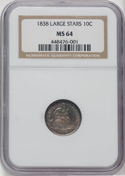 1838 10C No Drapery Large Stars Seated Dime NGC MS64