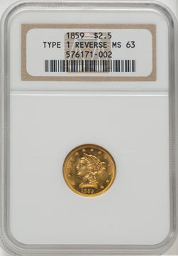 1859 $2.50 Old Rev. Liberty Quarter Eagle NGC MS63