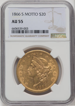 1866-S $20 MOTTO Liberty Double Eagle NGC AU55