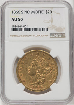 1866-S $20 NO MOTTO Liberty Double Eagle NGC AU50