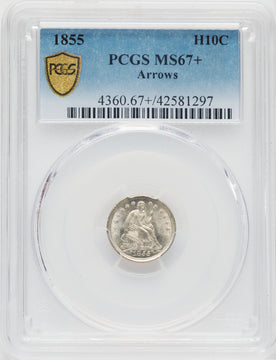 1855 H10C ARROWS Seated Half Dime PCGS MS67+