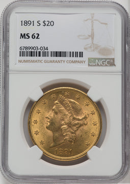 1891-S $20 Liberty Double Eagle NGC MS62