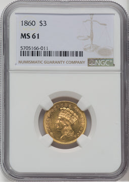1860 $3 Three Dollar Gold Pieces NGC MS61