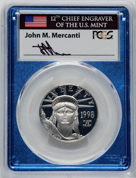 1998-W $50 Half-Ounce Platinum Eagle Statue of Liberty Mint Engravers Series Mercanti Flag PCGS PR70