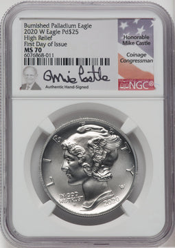 2020-W Palladium Eagle 1 oz Burnished FDI Mike Castle NGC MS70
