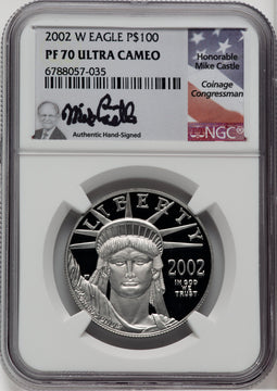 2002-W $100 One-Ounce Platinum Eagle Statue of Liberty Mike Castle Signature NGC PF70