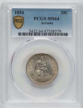 1854 25C ARROWS Seated Quarter PCGS MS64