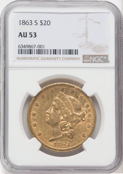 1863-S $20 Liberty Double Eagle NGC AU53