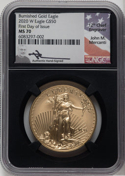 2020-W $50 One Ounce Gold Eagle Burnished First Day of Issue NGC MS70