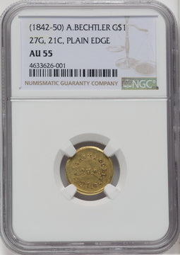 1842-52 A. Bechtler Dollar 27G. 21C. Plain Edge Territorial Gold NGC AU55