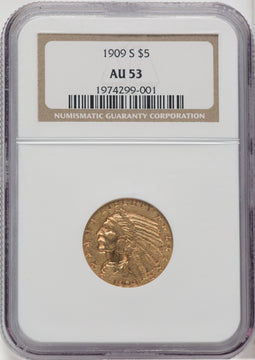 1909-S $5 Indian Half Eagle NGC AU53