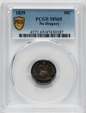 1839 10C NO DRAPERY Seated Dime PCGS MS65