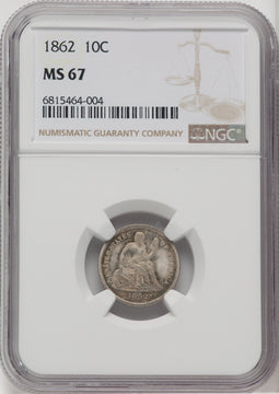 1862 10C Seated Dime NGC MS67