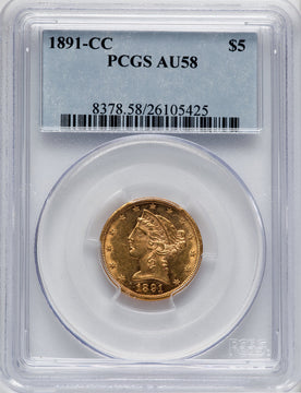 1891-CC $5 Liberty Half Eagle PCGS AU58