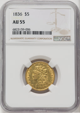 1836 $5 Classic Half Eagle NGC AU55